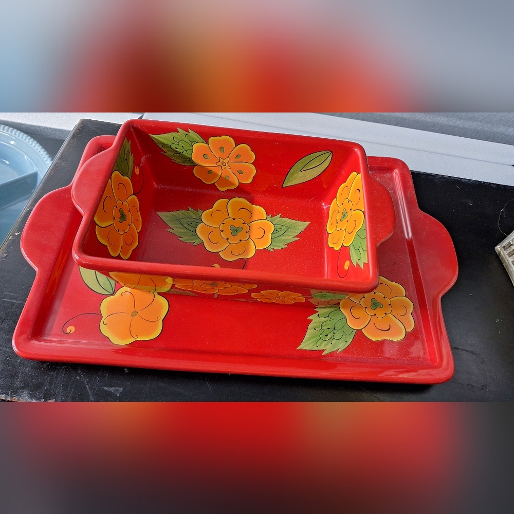 Red Floral Decorative Tray Set